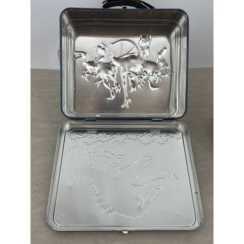 Jurassic World Metal Lunch Box‎ 2015 Universal Studios T-Rex Raptor Blue Tin
